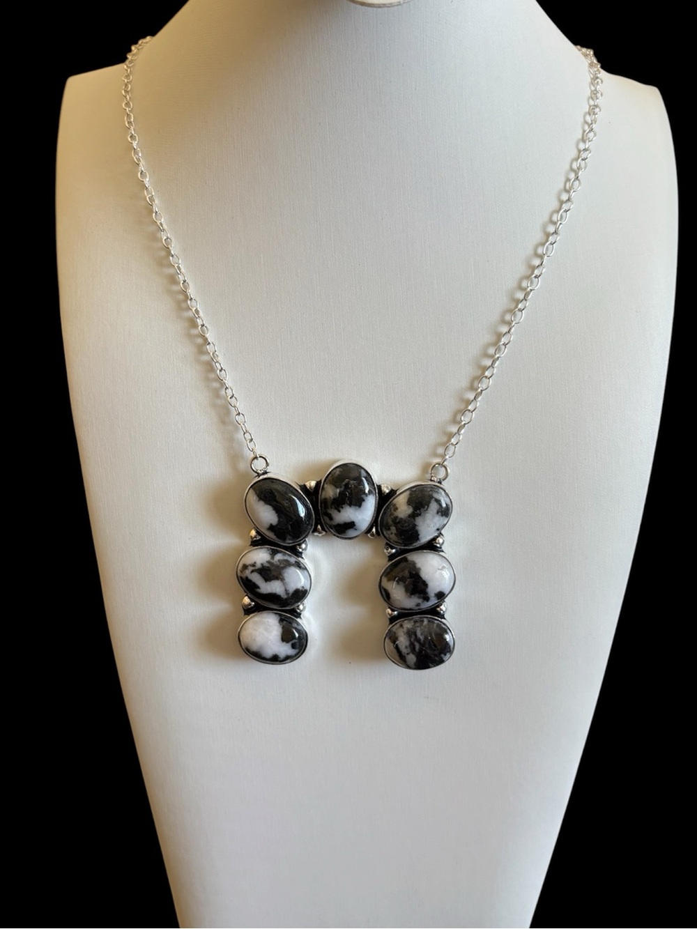 New! Black & White Buffalo Turquoise 925 Stamp Naja Squash Blossom 20” Necklace